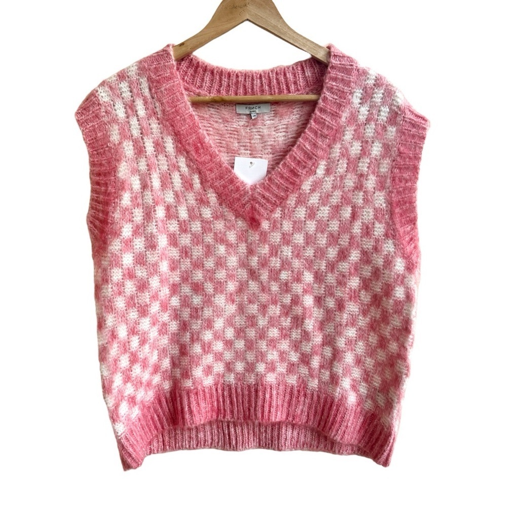 FRNCH Pink Checkerboard V Neck Sleeveless Sweater Vest Womens Size S/M Preppy